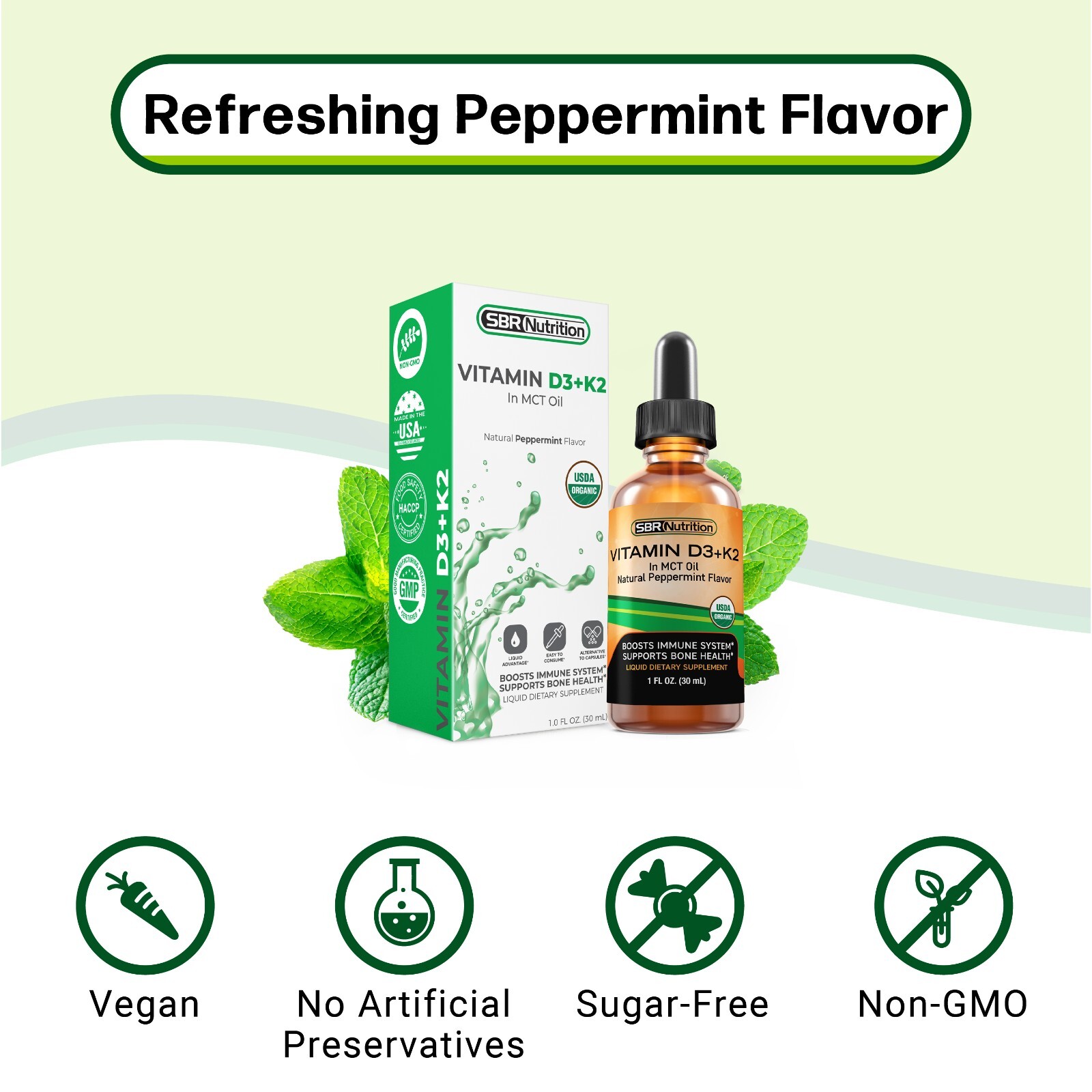 Vitamin D3+K2(MK-7) Liquid Drops, MCT Oil, Immune Support, USDA Organic, 1 fl oz