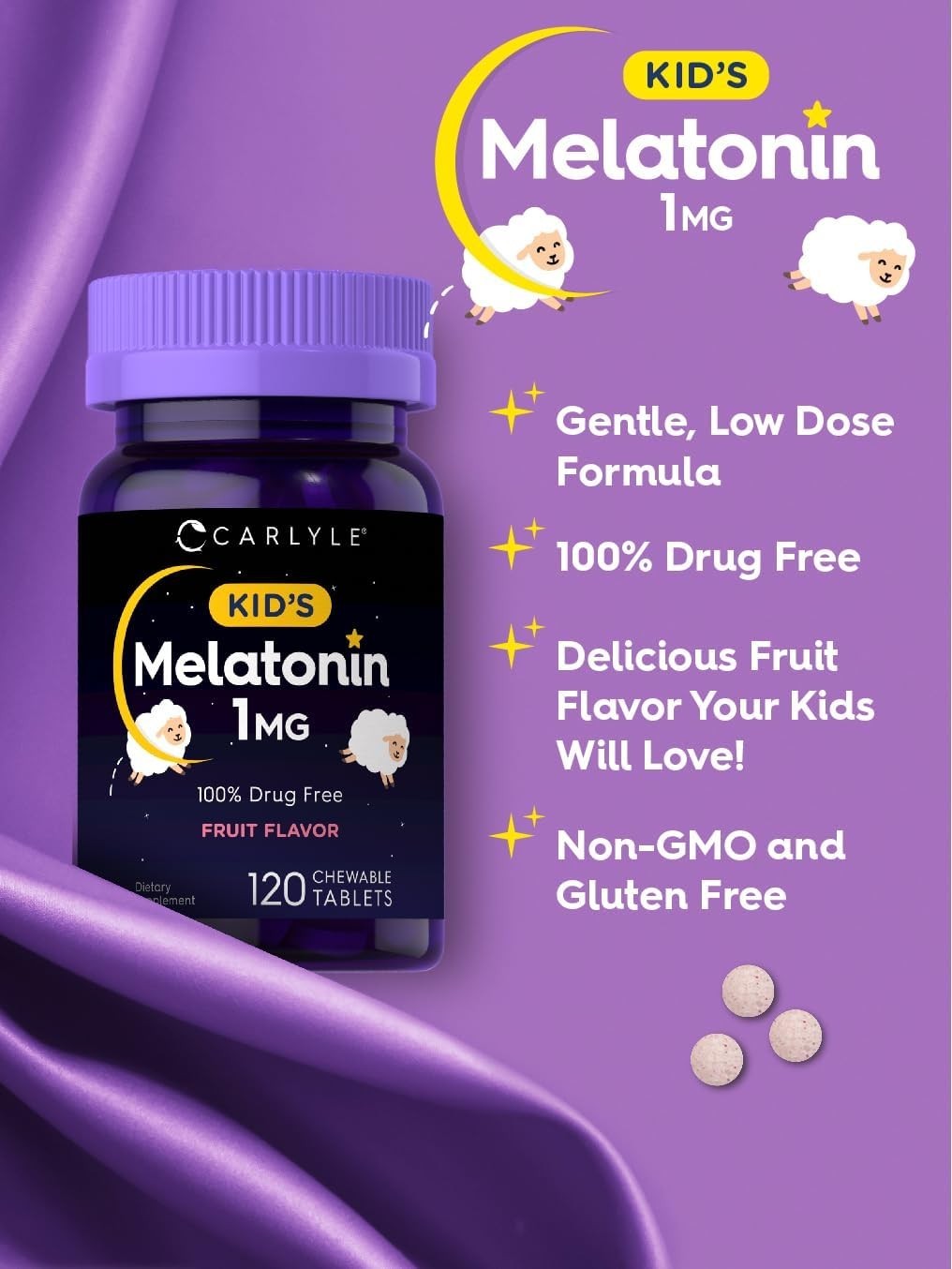 Carlyle Kids Melatonin 1mg 120 Chewable Tablets Fruit Vegetarian Gluten Free Non
