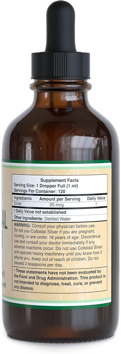 Colloidal Silver Liquid 20 PPM – 4 Fl OZ, 99.9% Pure, Gluten Free, Non-GMO, Drop