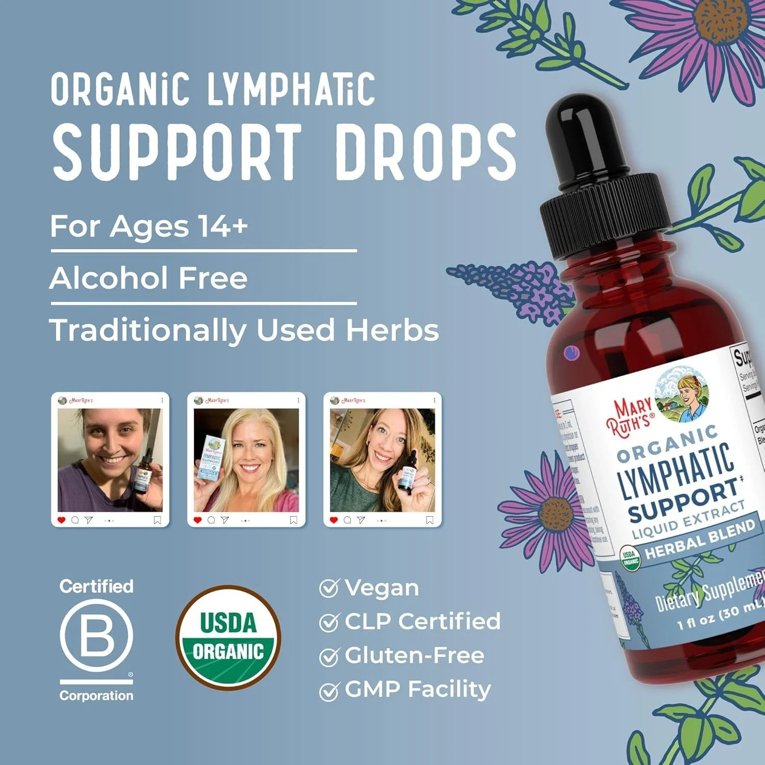 MaryRuth’s Organic Lymphatic Support – Echinacea & Elderberry Drops – Vegan – 30