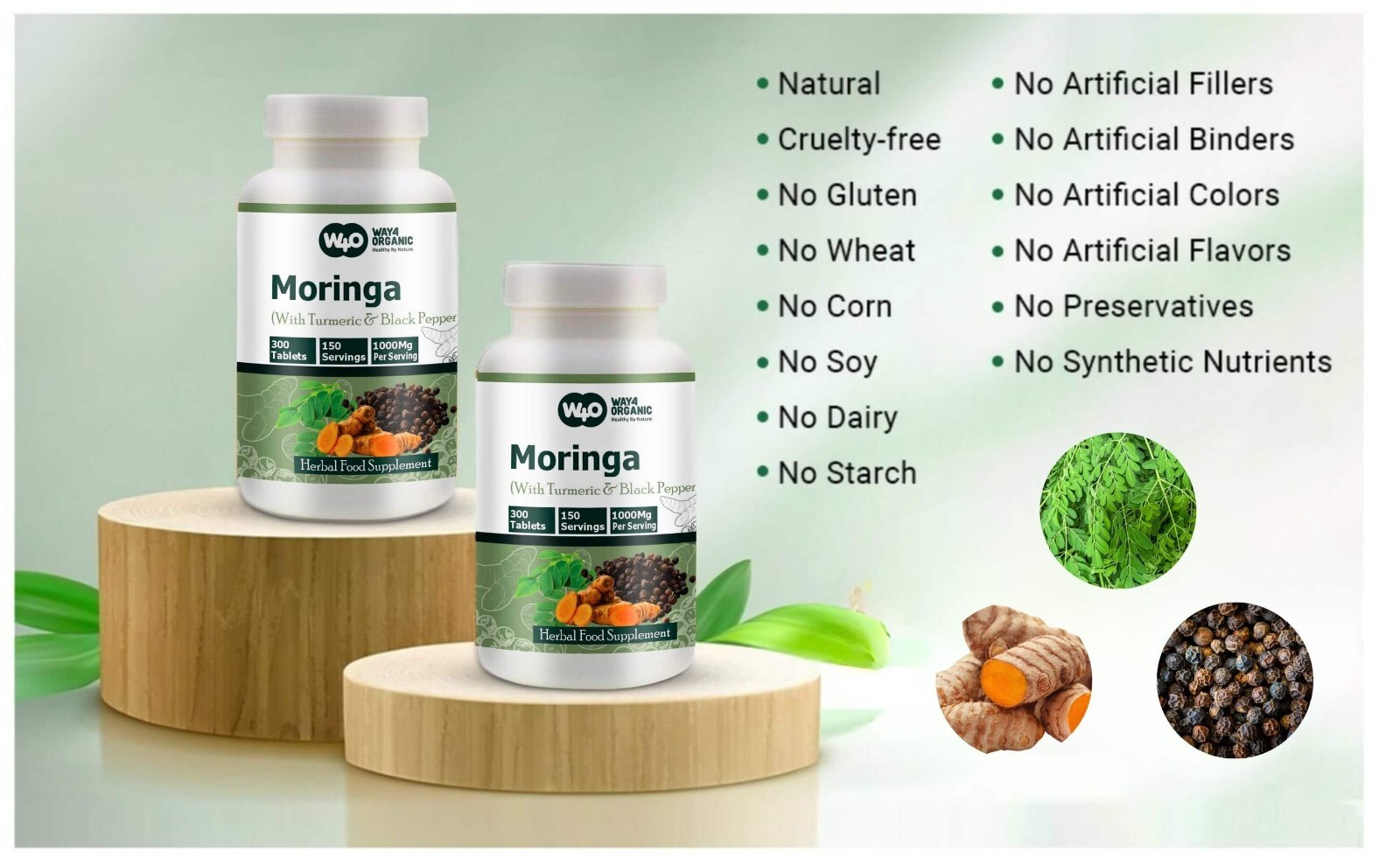Moringa Tablets with Turmeric and Black Pepper, 300 Pills, 150 Serving