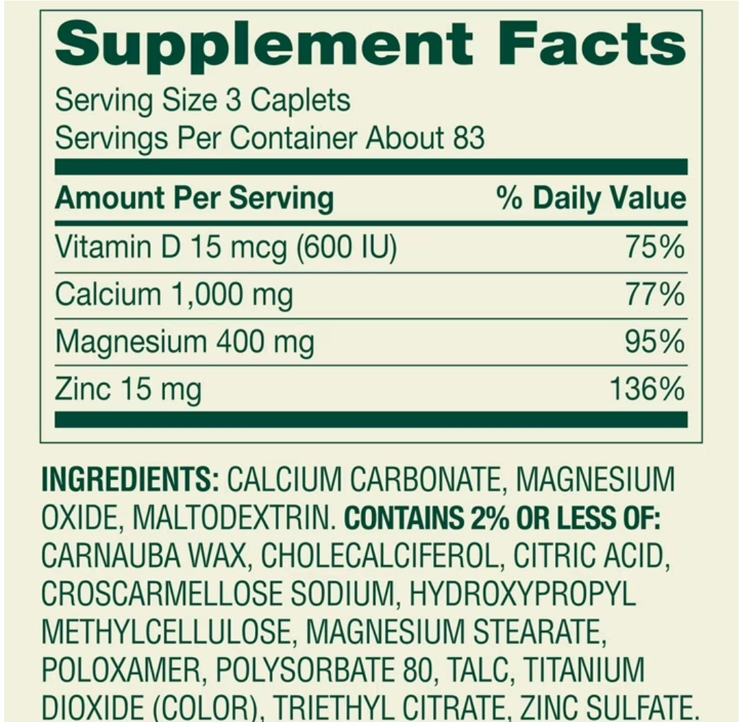 (2 pack) Spring Valley Calcium, Magnesium & Zinc Plus Vitamin D3 Coated 250 Ct
