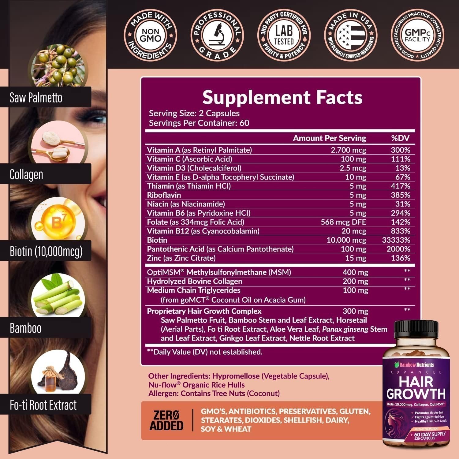 Rainbow Nutrients Hair Growth Vitamins w/ Biotin 10,000mcg &Collagen 120Capsules