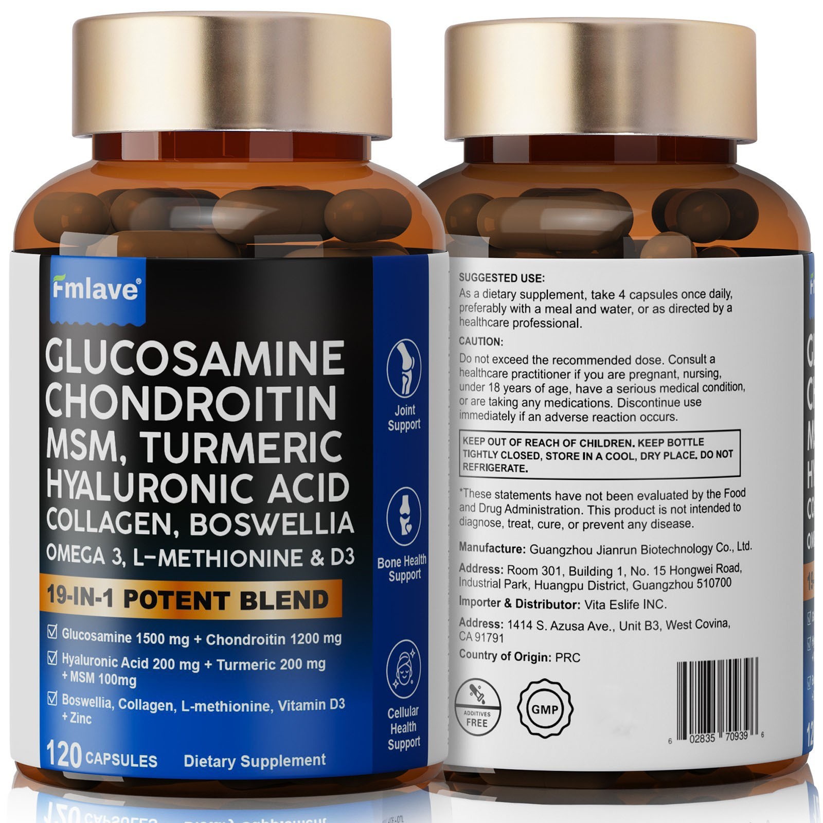 Glucosamine Chondroitin Collagen Hyaluronic Acid MSM Turmeric Joint Support 120c