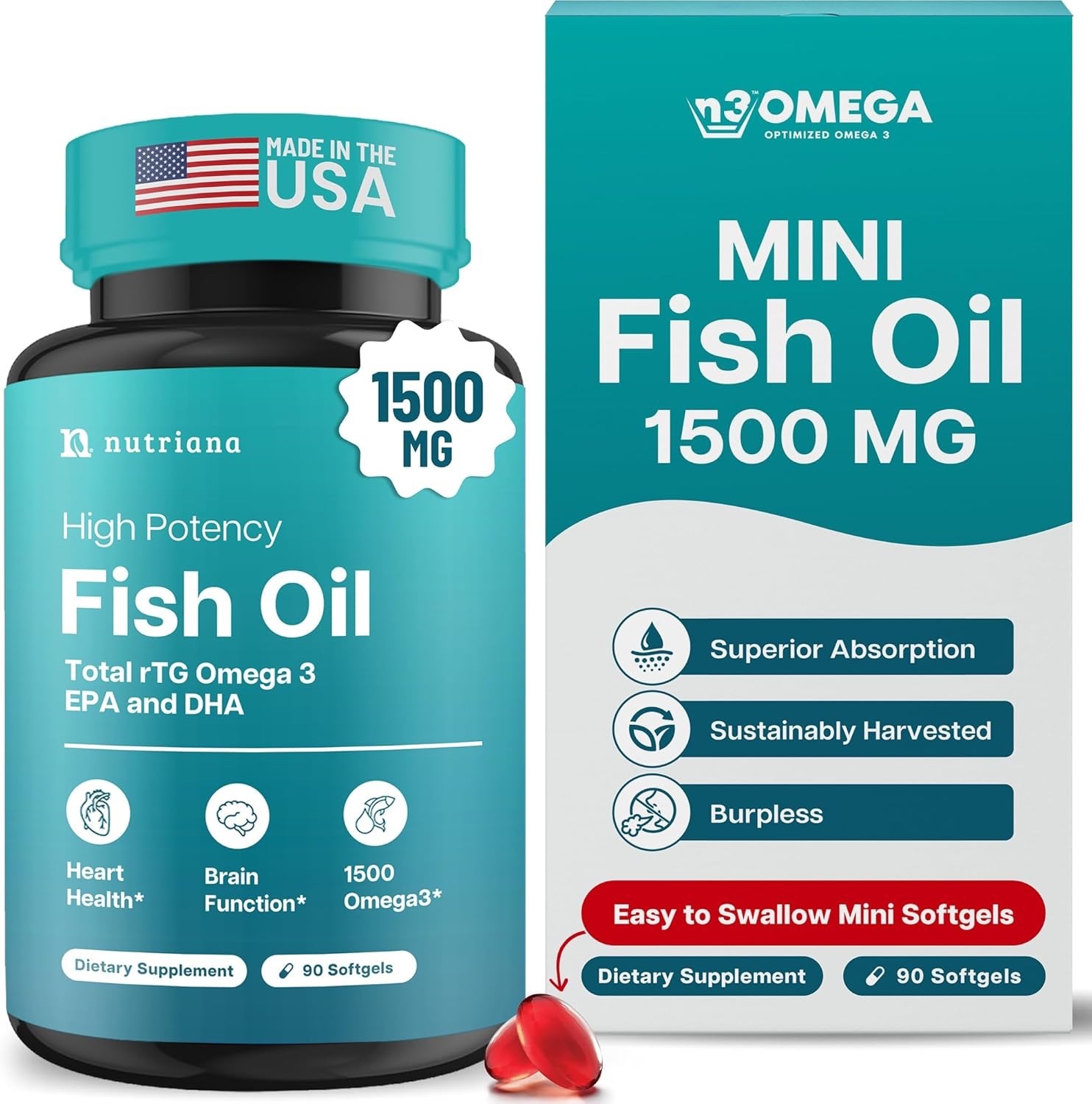 Mini Fish Oil Softgels – Odorless, Burpless & Easy to Swallow – 1500mg Omega-3