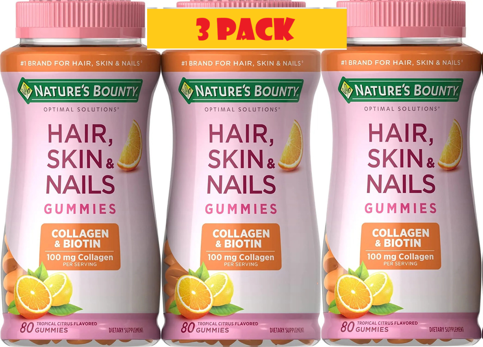 3 Pack Hair, Skin & Nails Gummies with Biotin & Collagen 240 Count (3×80) Orange