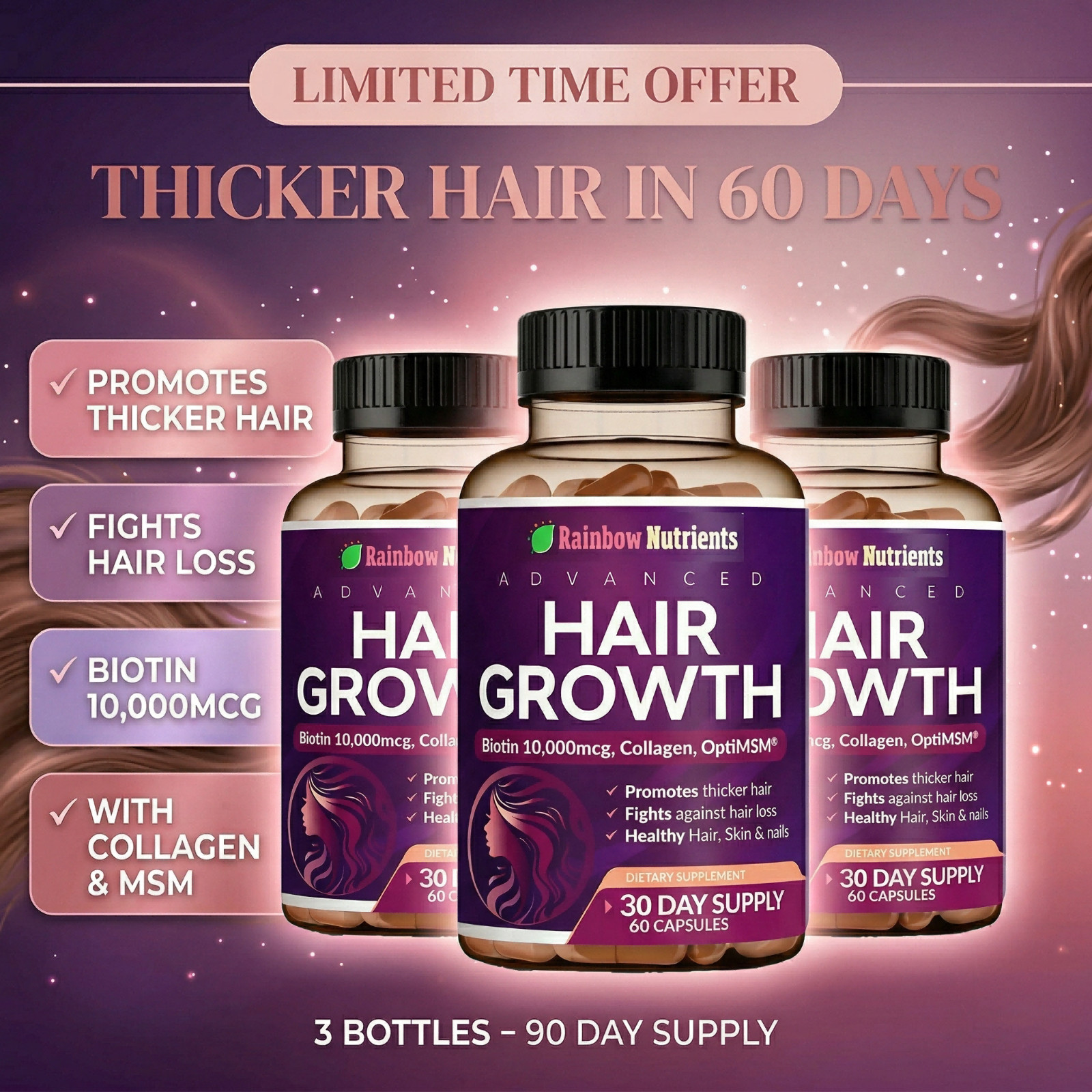 Hair Growth Vitamins 3-Pk – Biotin, Collagen – Supports Hair, Skin & Nails – 180