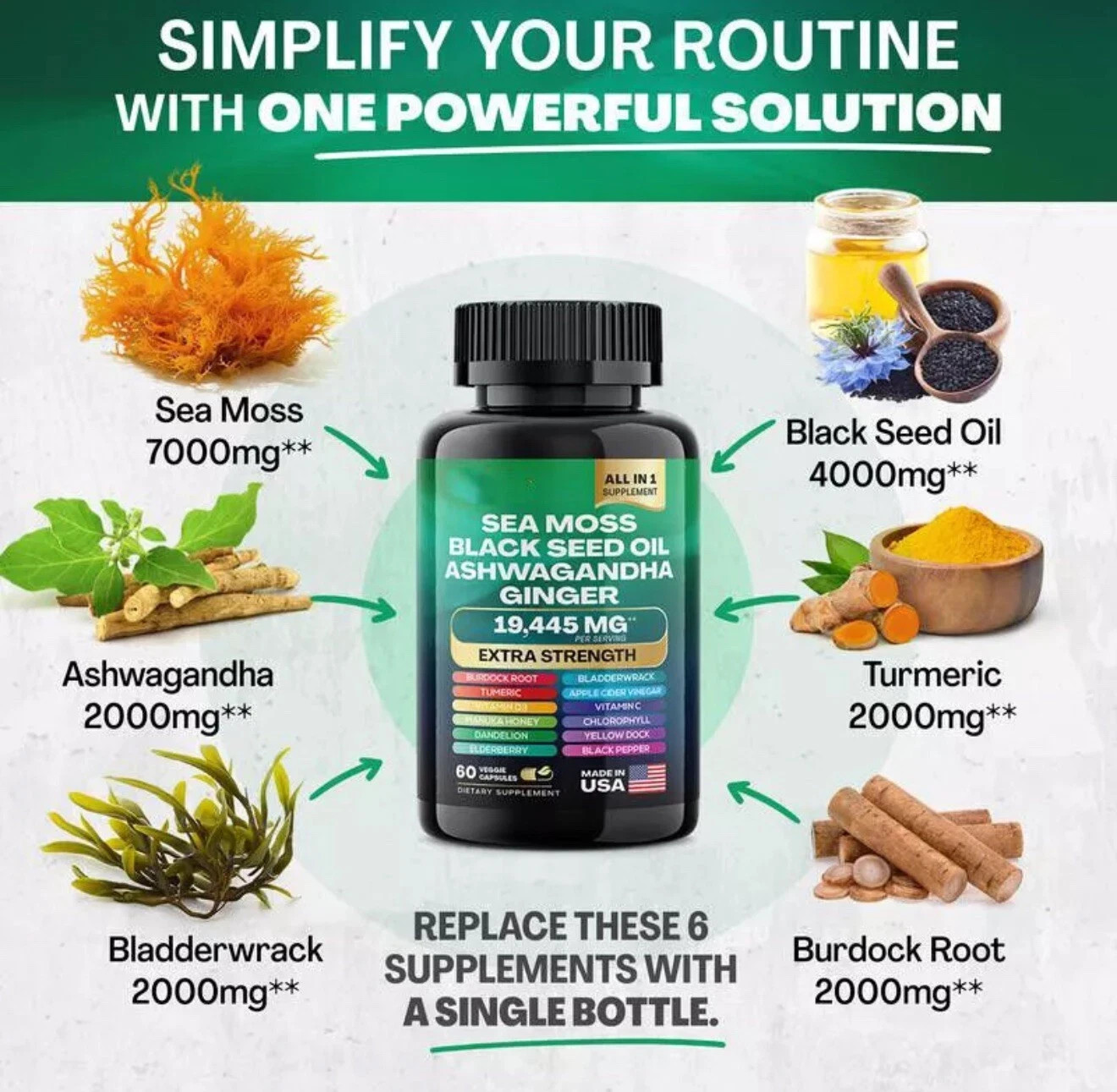 2 Sea Moss, Black Seed Oil, Ashwagandha, Turmeric, Ginger (16 in 1 Multivitamin)