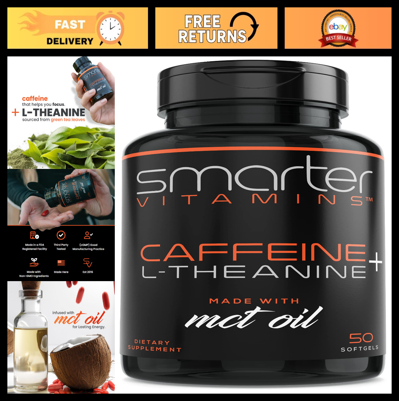 200mg Caffeine Pills with MCT Oil & L-Theanine – Energy, Focus, 50 Softgels