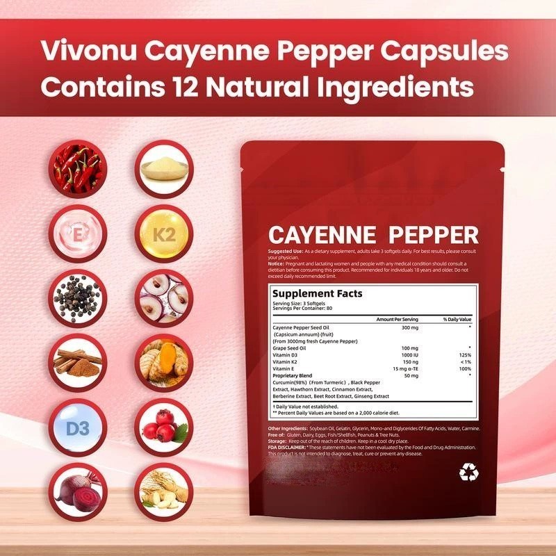 Cayenne Pepper Softgels Supplement, Supports Leg Vein, 240 Softgels /1 Bag US
