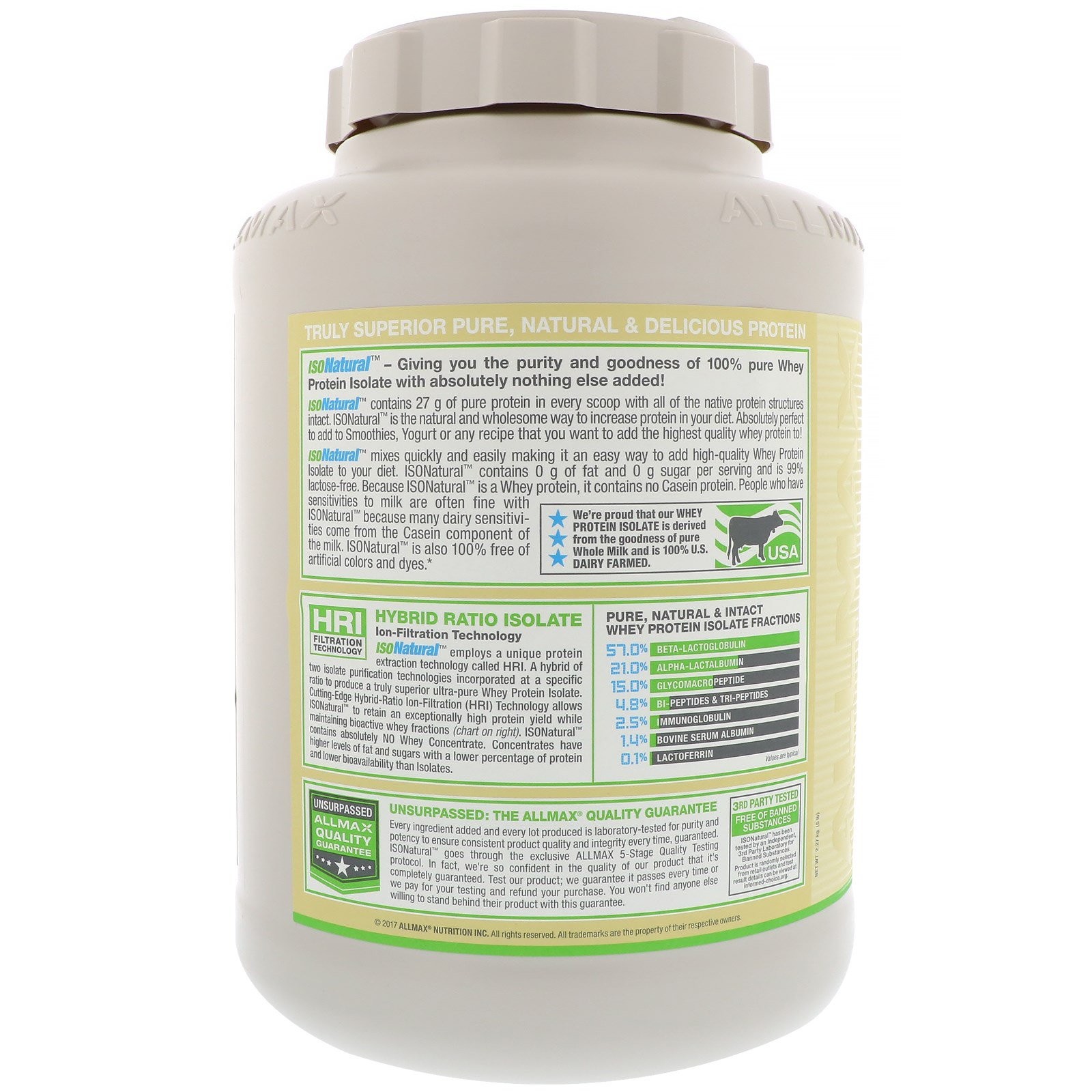 ISONatural™, Pure Whey Protein Isolate, Unflavored, 5 lbs (2.27 kg)