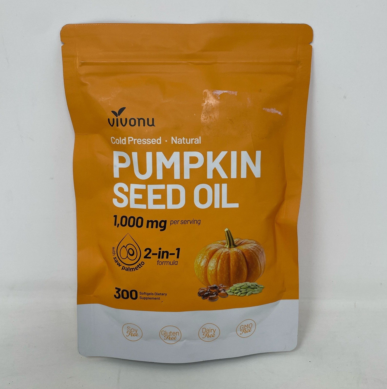 Vivonu Pumpkin Seed Oil + Saw Palmetto 300 Softgels, Cold-Pressed 1000 mg Orange