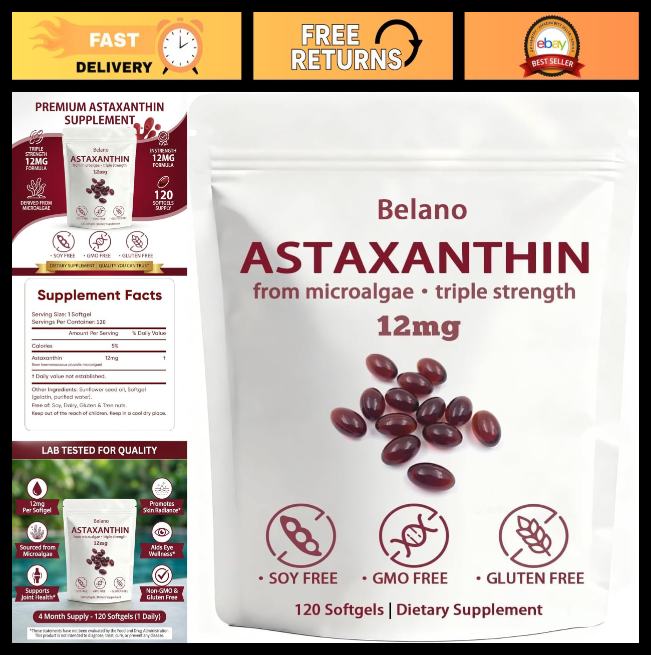 Astaxanthin 12mg – Non-GMO, Gluten Free, Easy to Swallow – 120 Softgels, 4 Month