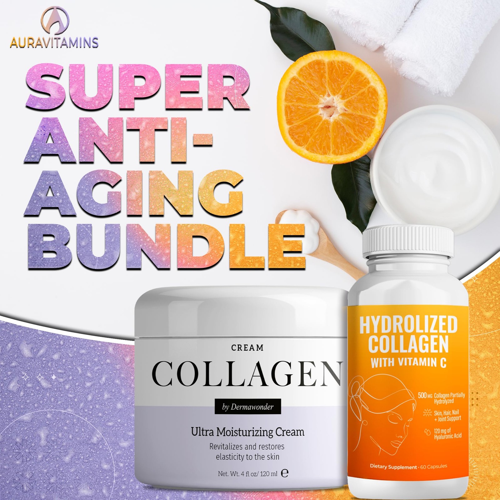 AURA VITAMINS Ultra Collagen Pack | Hydrolyzed Collagen with Vitamin C 500mg 60C