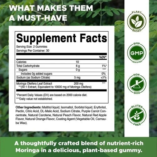 NEW Vitamatic Sugar Free Moringa Gummies 10000mg 60 Pectin Based Gummies