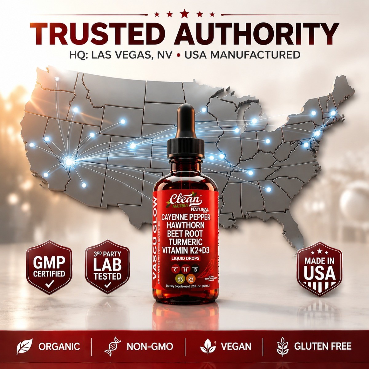 Clean Nutra Vascu Glow Cayenne Drops Herbal Blend Vit D3 K2 Wellness Liquid