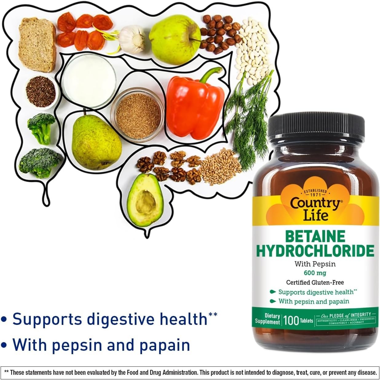 High-Purity 600mg Betaine Hydrochloride with Pepsin – 100 Hypoallergenic Tablets