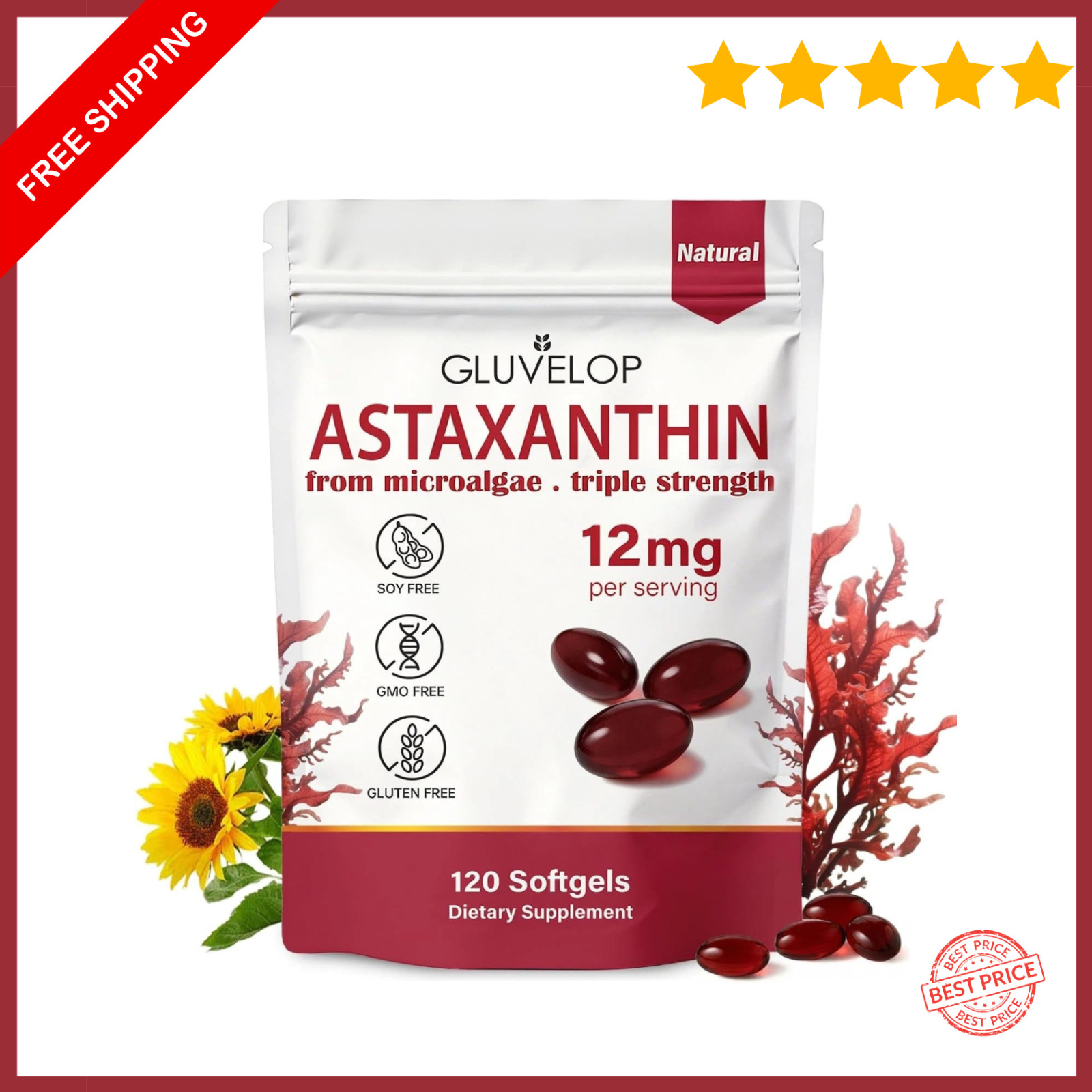 Astaxanthin 12mg 120 Softgels, 4 Month Supply,Triple Strength,Non-GMO,Eye Health