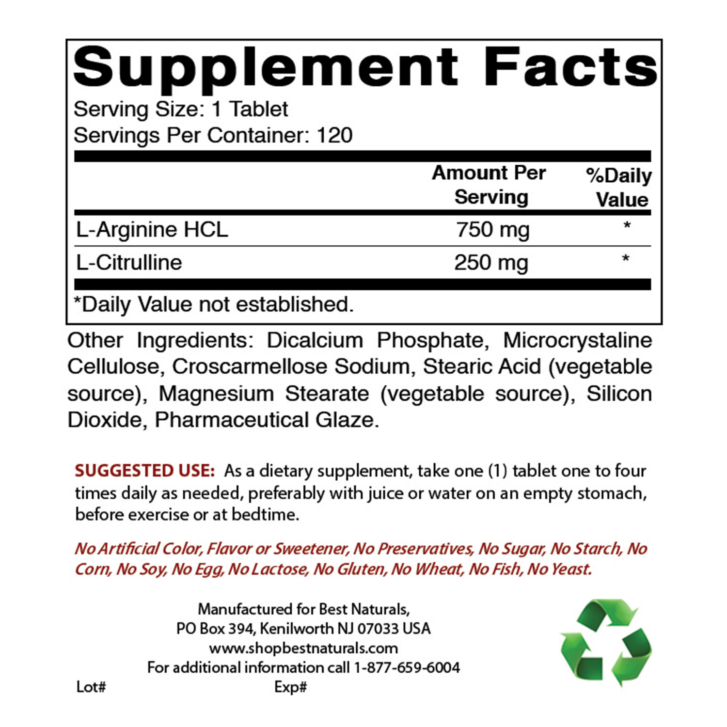 3 Pack Best Naturals L-Arginine L-Citruline Complex 1000 mg 120 Tablets