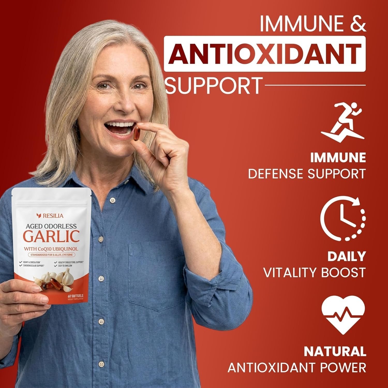 Resilia Garlic Extract 1200mg 60 Count Softgels – Odorless Aged Garlic Extra..