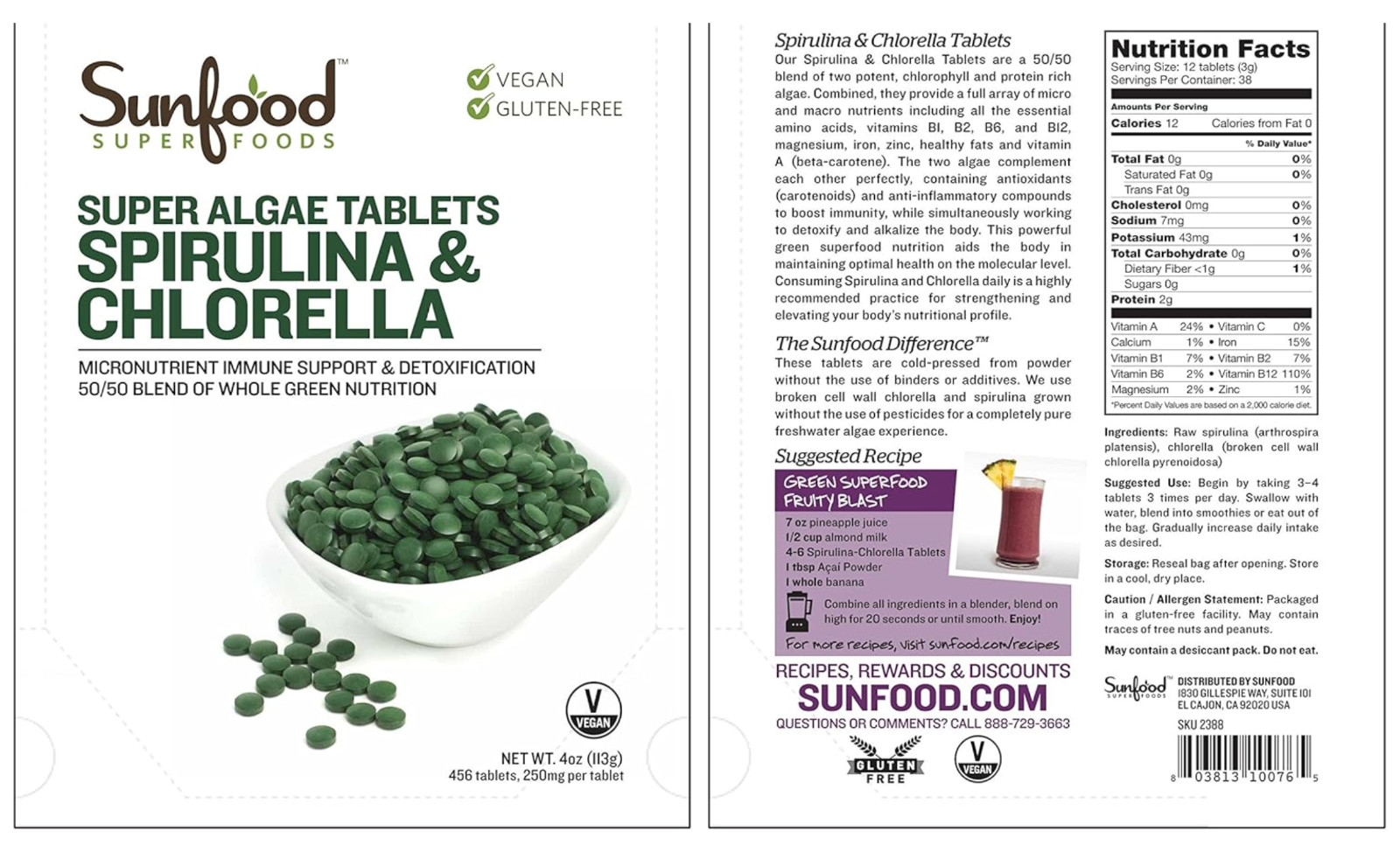 Sunfood Superfoods Chlorella Spirulina Tablets Vegan 4 oz Broken Cell Wall (80)