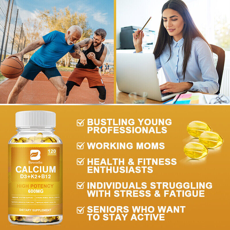 Vitamin B Complex 120Capsules Vitamin b12 D3+K2 &Calcium,Immune Support