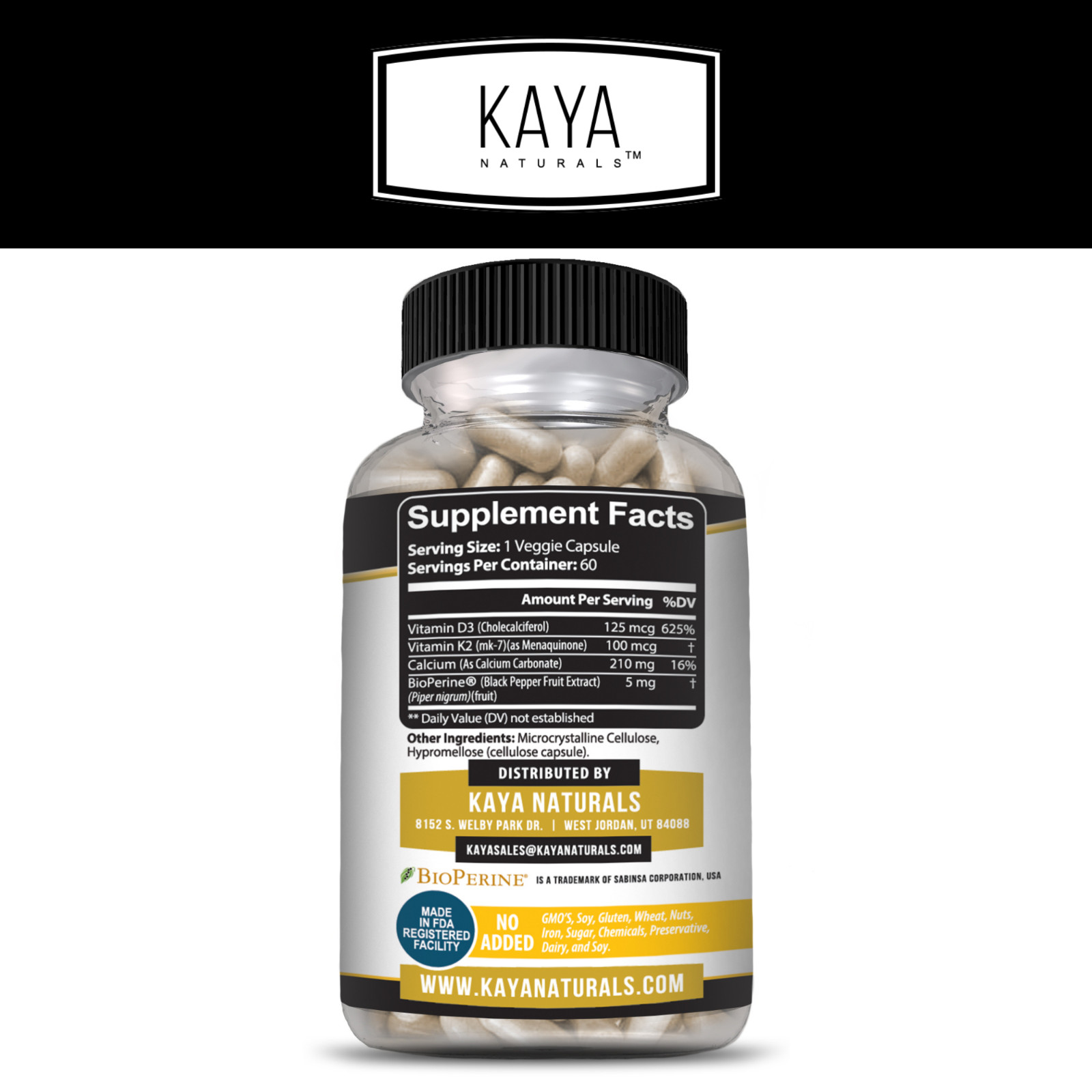 Vitamin K2 (MK7) with D3 5000 IU Supplement, BioPerine Capsules, Immune Health