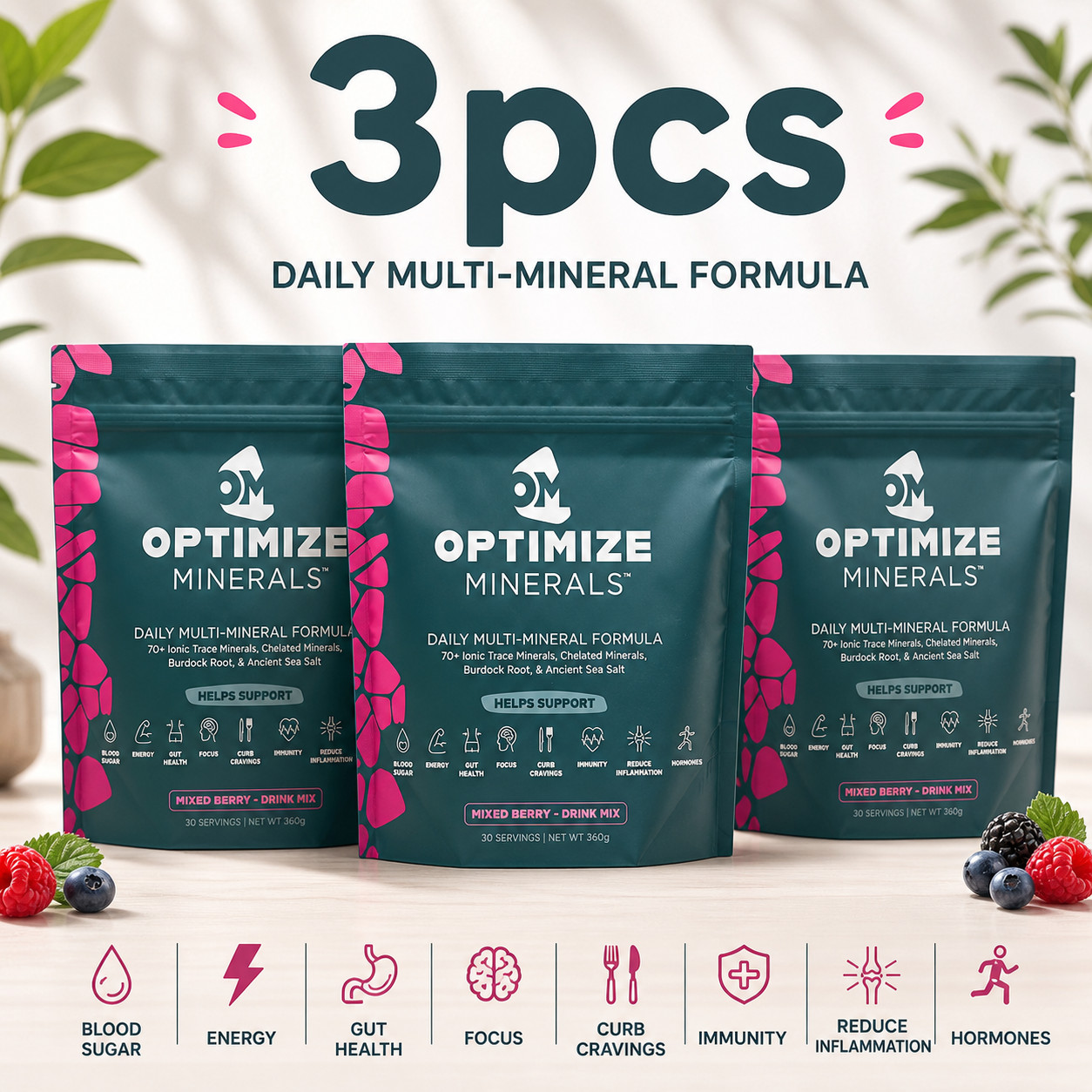 3PCS Optimize Minerals Multi – Mineral Daily Powder – Gluten Free, 30 Servings