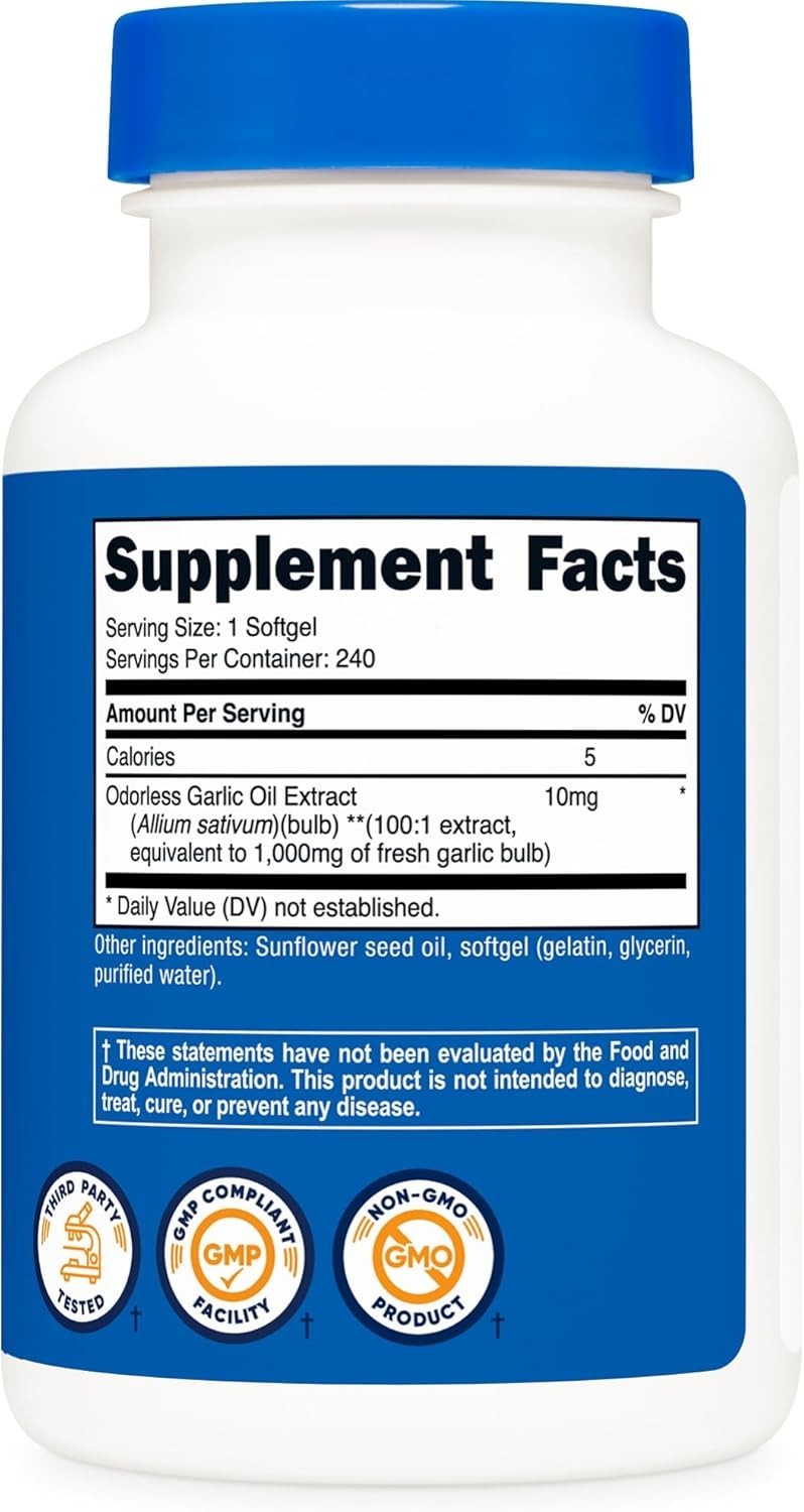 240 Count Garlic 1000mg Softgels – Easy to Swallow, Odor-Free Wellness Boost