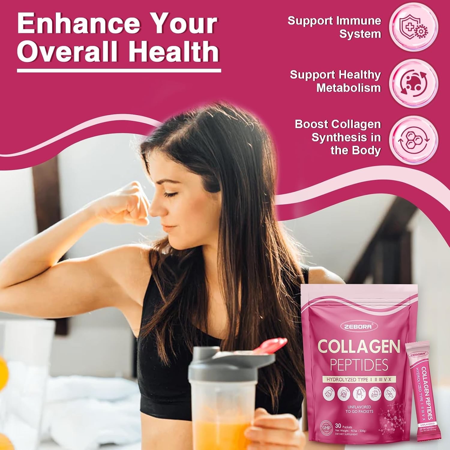 ZEBORA Multi Collagen Peptides Powder Packets with Hyaluronic Acid, Biotin, MCT