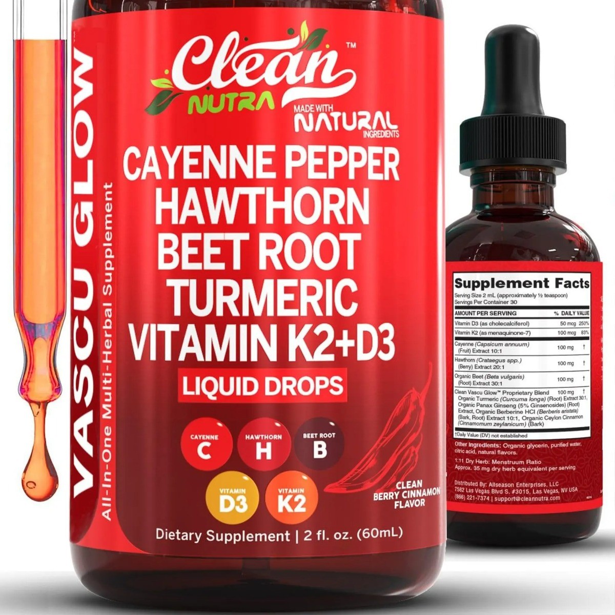 Clean Nutra Vascu Glow Cayenne Drops Herbal Blend Vit D3 K2 Wellness Liquid