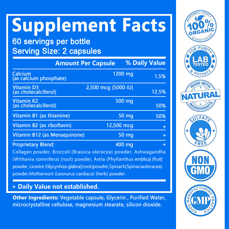 Balincer Calcium Vitamin D3 + K3 + B12, 2000 mg per serving, Non-GMO, Vegetarian