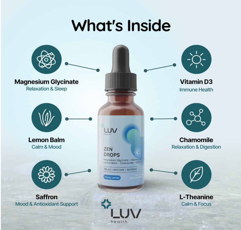 LUV Zen Drops Stress Support with Magnesium Glycinate and Lemon Balm USA Seller