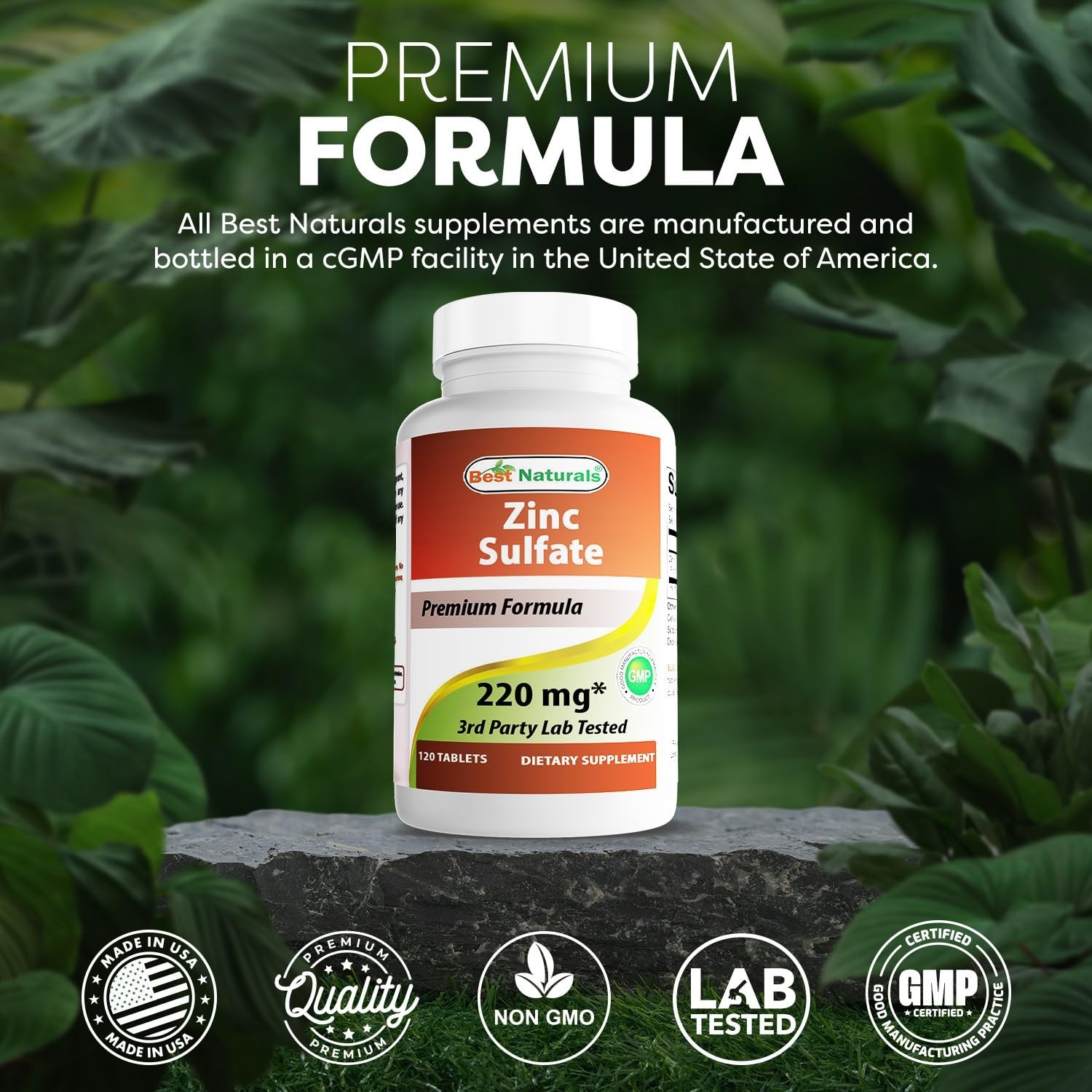 Zinc Sulfate 220mg – 120 Tablets, Lab Tested, Gluten Free, Non-GMO, USA Made