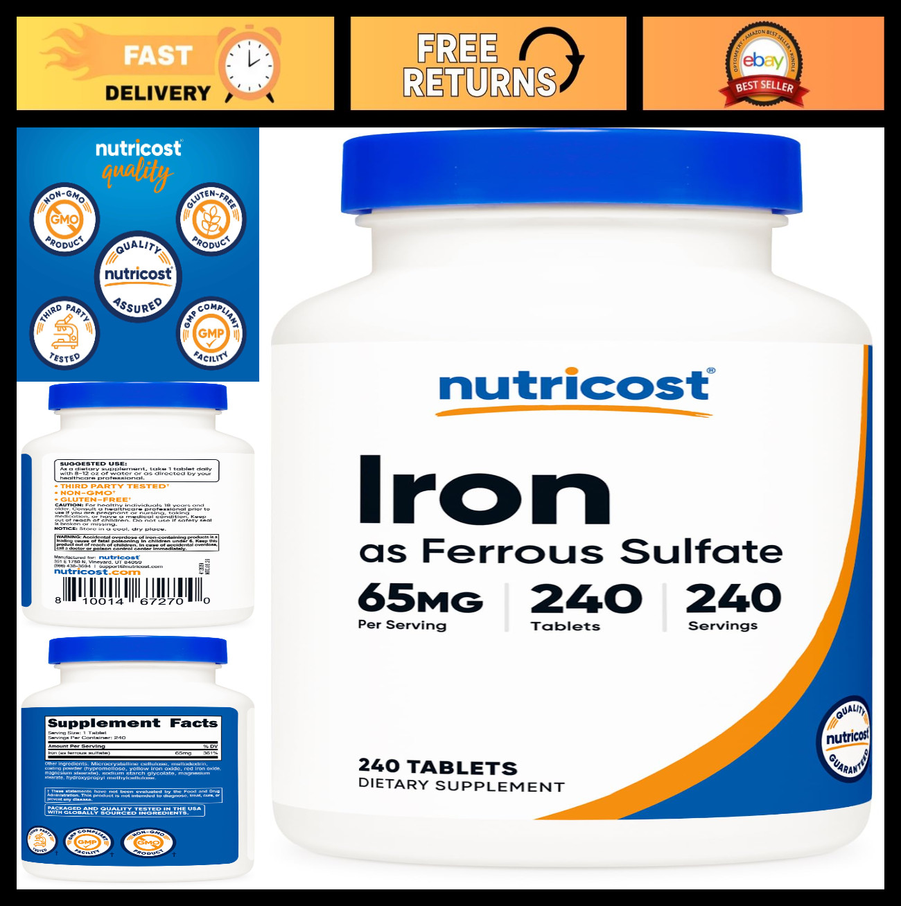 Iron Supplement 65mg (Ferrous Sulfate) – 240 Tablets, Gluten-Free, Non-GMO
