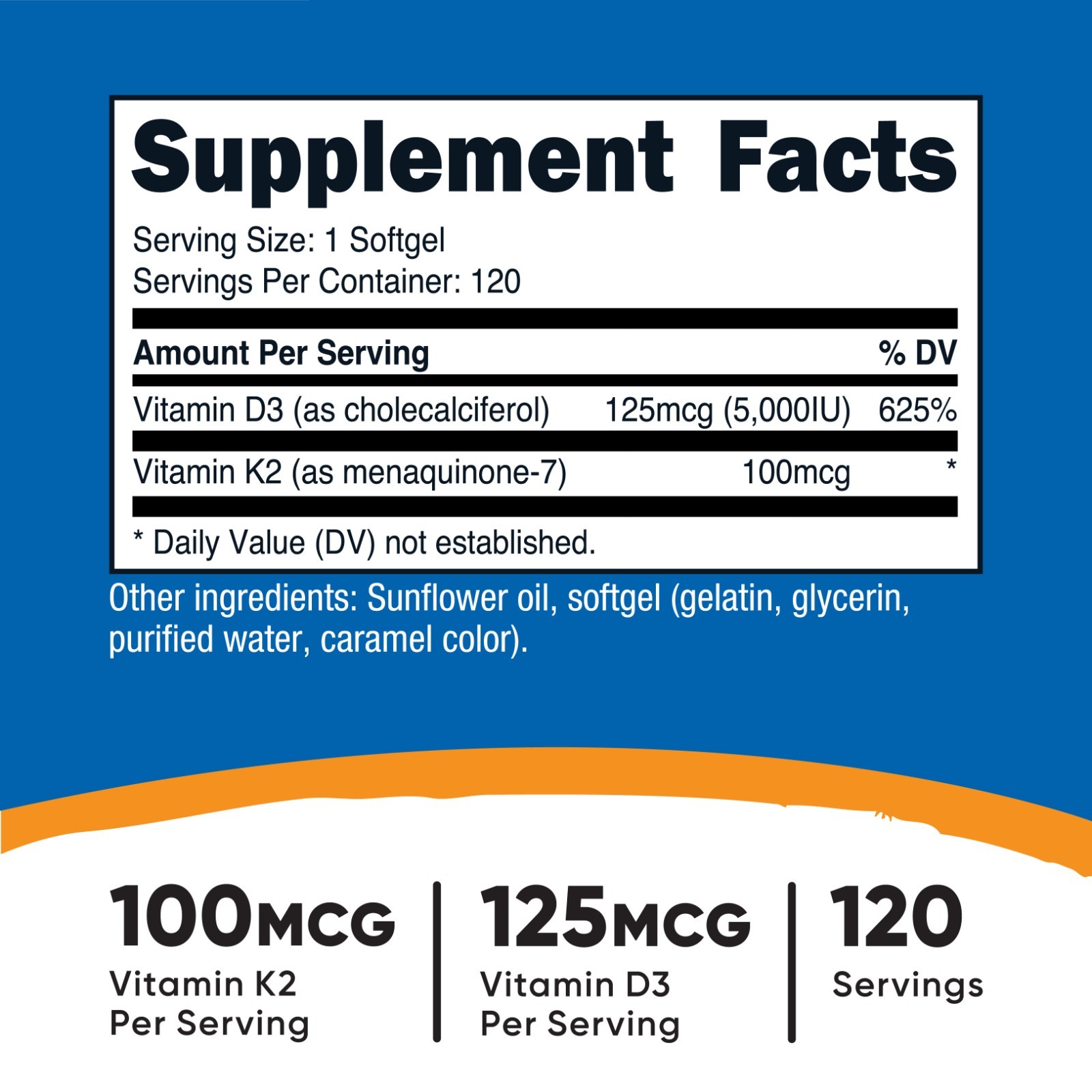 Nutricost Vitamin K2 (100mcg) + Vitamin D3 (5000 IU) 120 Softgels – Gluten Free