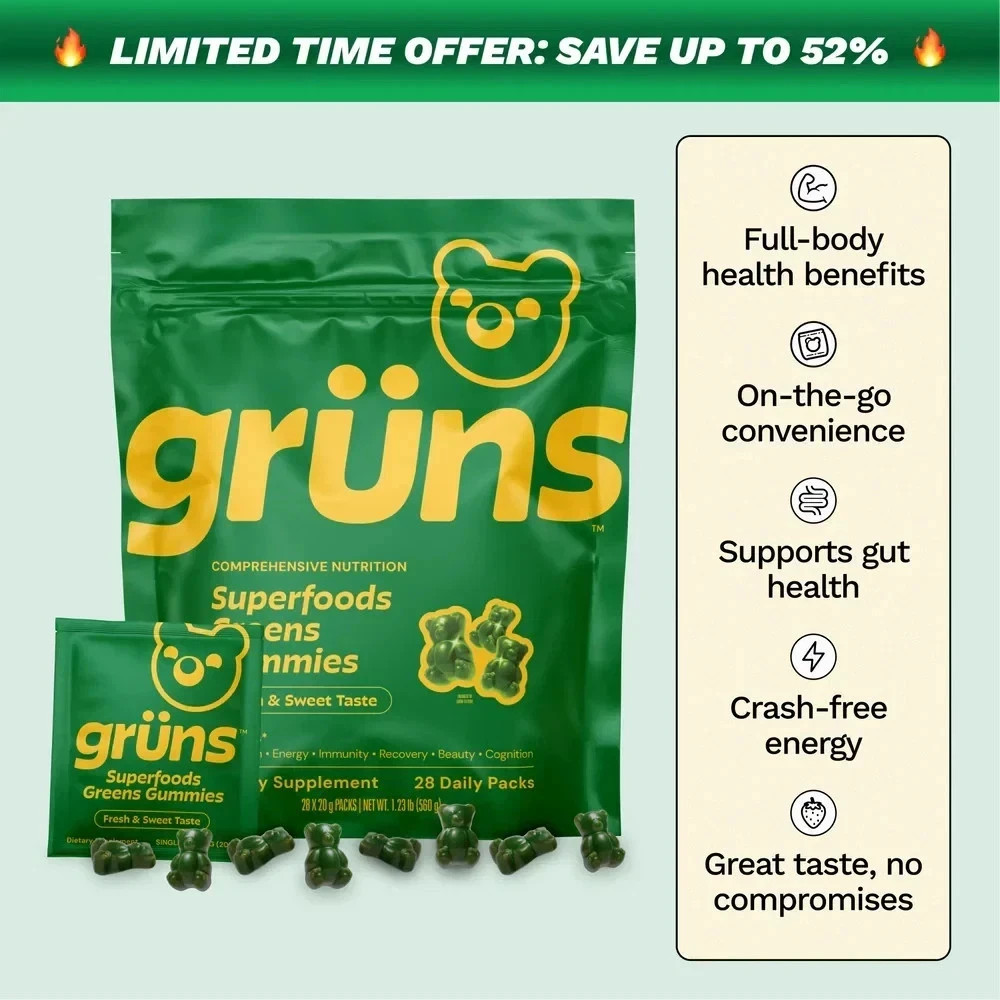 Gruns Adults Super Greens Gummies, Multivitamin Superfood Gummy Bears 28 Packs