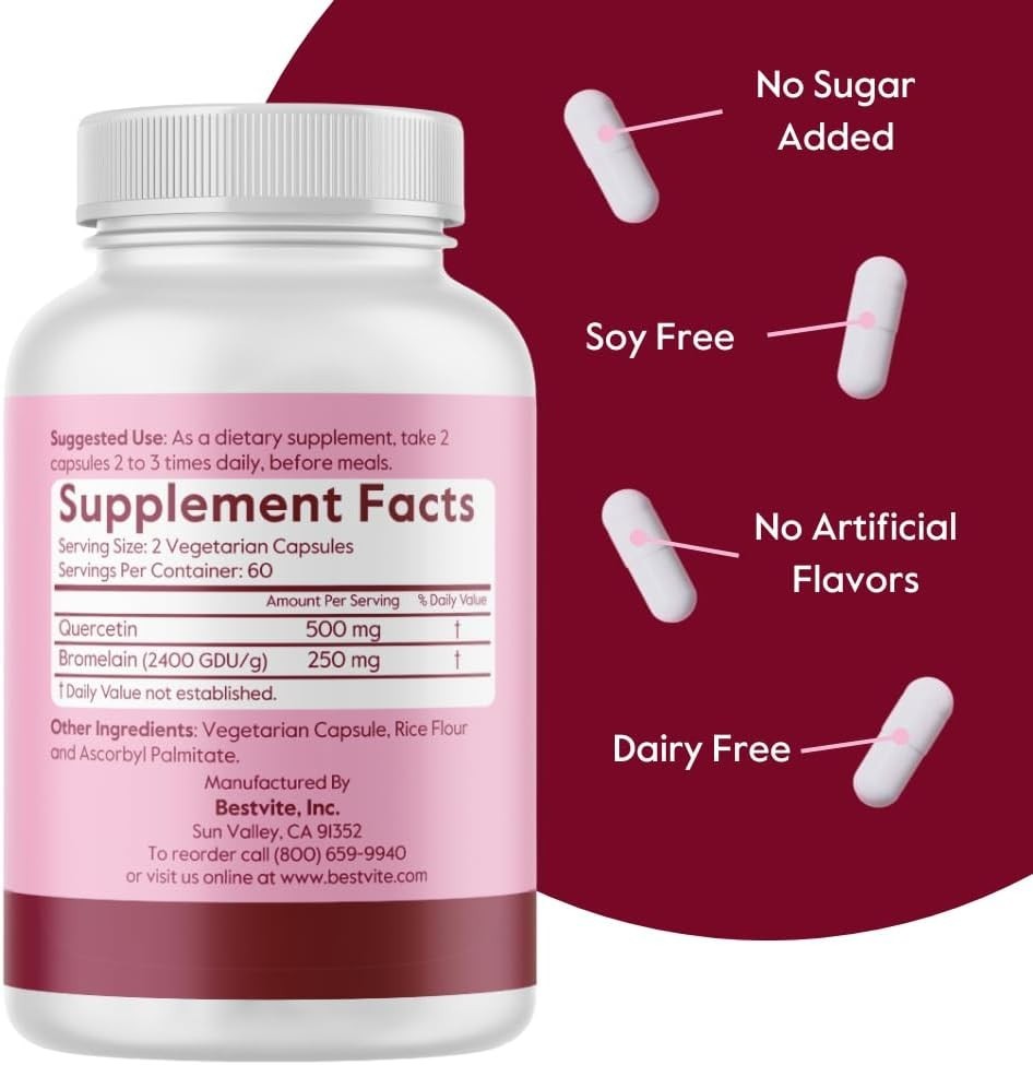 Potent Quercetin 500mg with Bromelain for Antioxidant Support – 120 Count