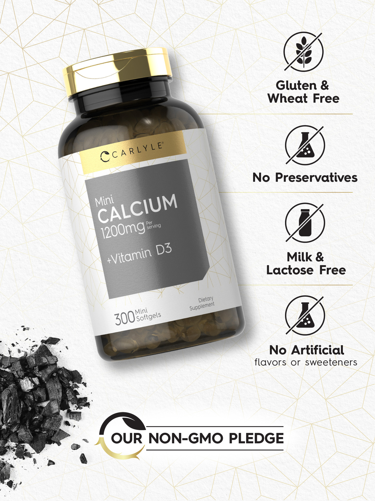 Calcium with Vitamin D3 | 1200mg | 300 Mini Softgels | Non-GMO | by Carlyle
