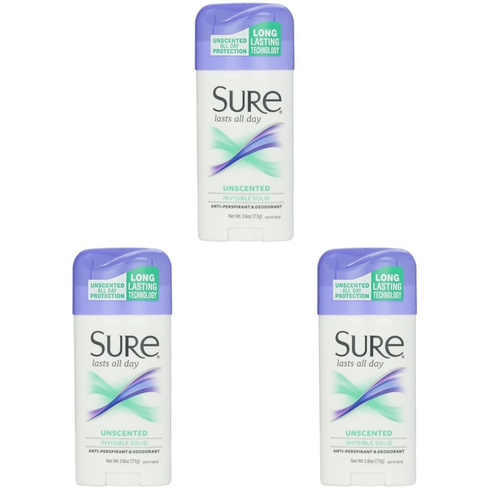 Sure Deodorant Invisible Solid, Unscented – 2.6 oz Ounce (Pack of 3)