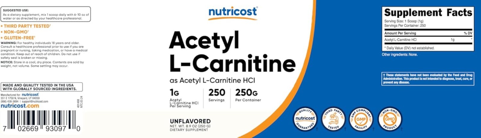 Acetyl L-Carnitine Powder 250g – 1g Serving, Gluten Free, Pure Energy