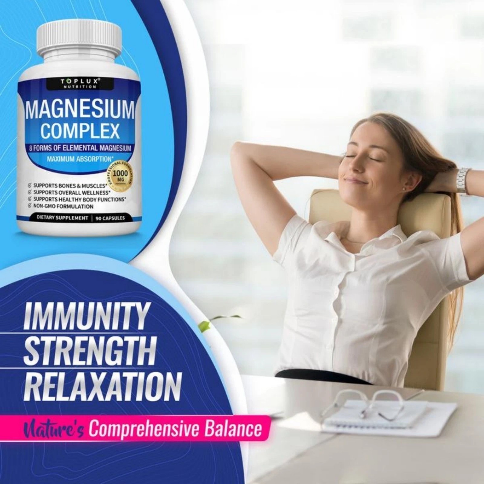 3Pack Toplux Nutrition Magnesium Complex 1000mg Supports 8 Elemental Magnesium