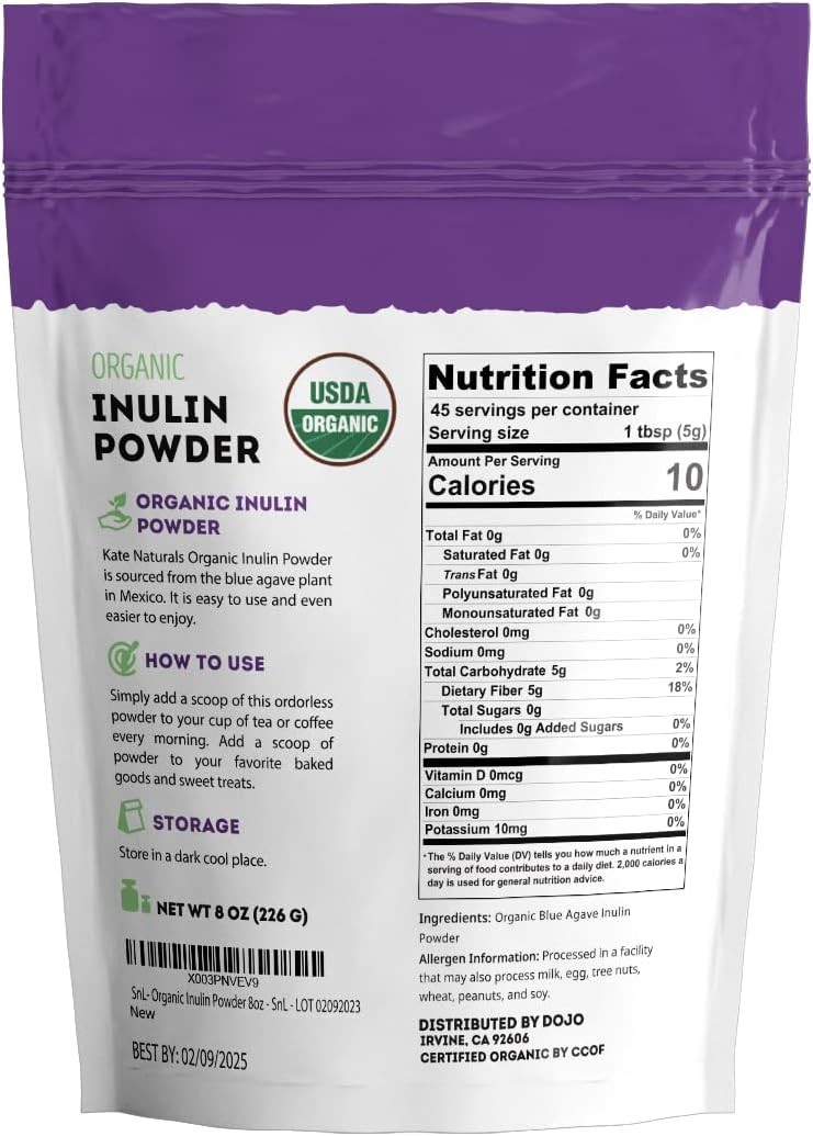 Inulin Powder Organic from Blue Agave (8oz) Soluble Prebiotic Fiber for Coffee