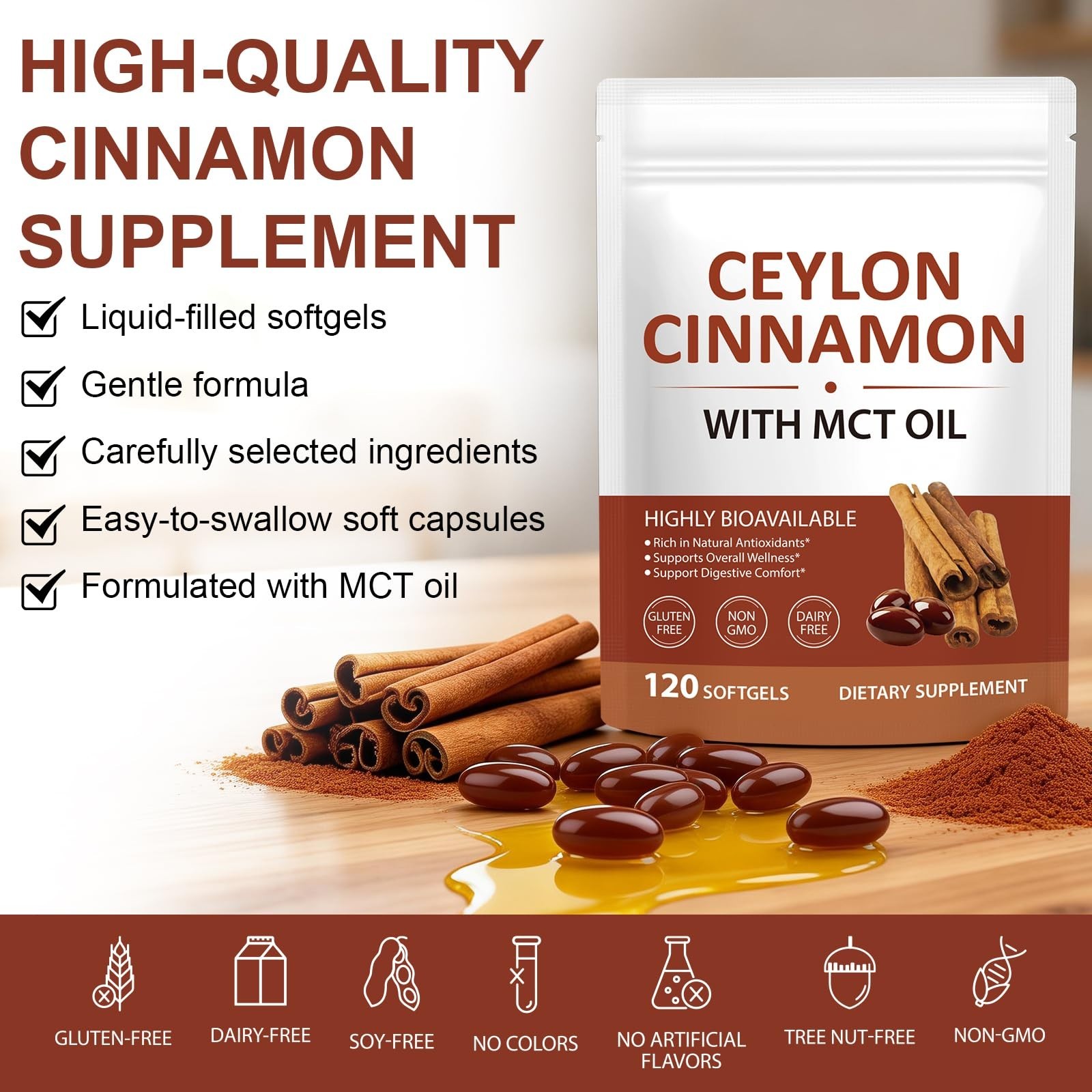Ceylon Cinnamon Softgels with MCT Oil – Non-GMO, Gluten-Free, 120 Count, Dietary