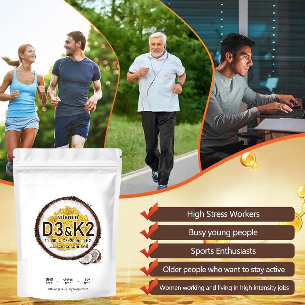 1 in 2 Vitamin D3 K2 Supplement Softgels 180 capsules 10000 IU VIT D3+K2 200 MCG