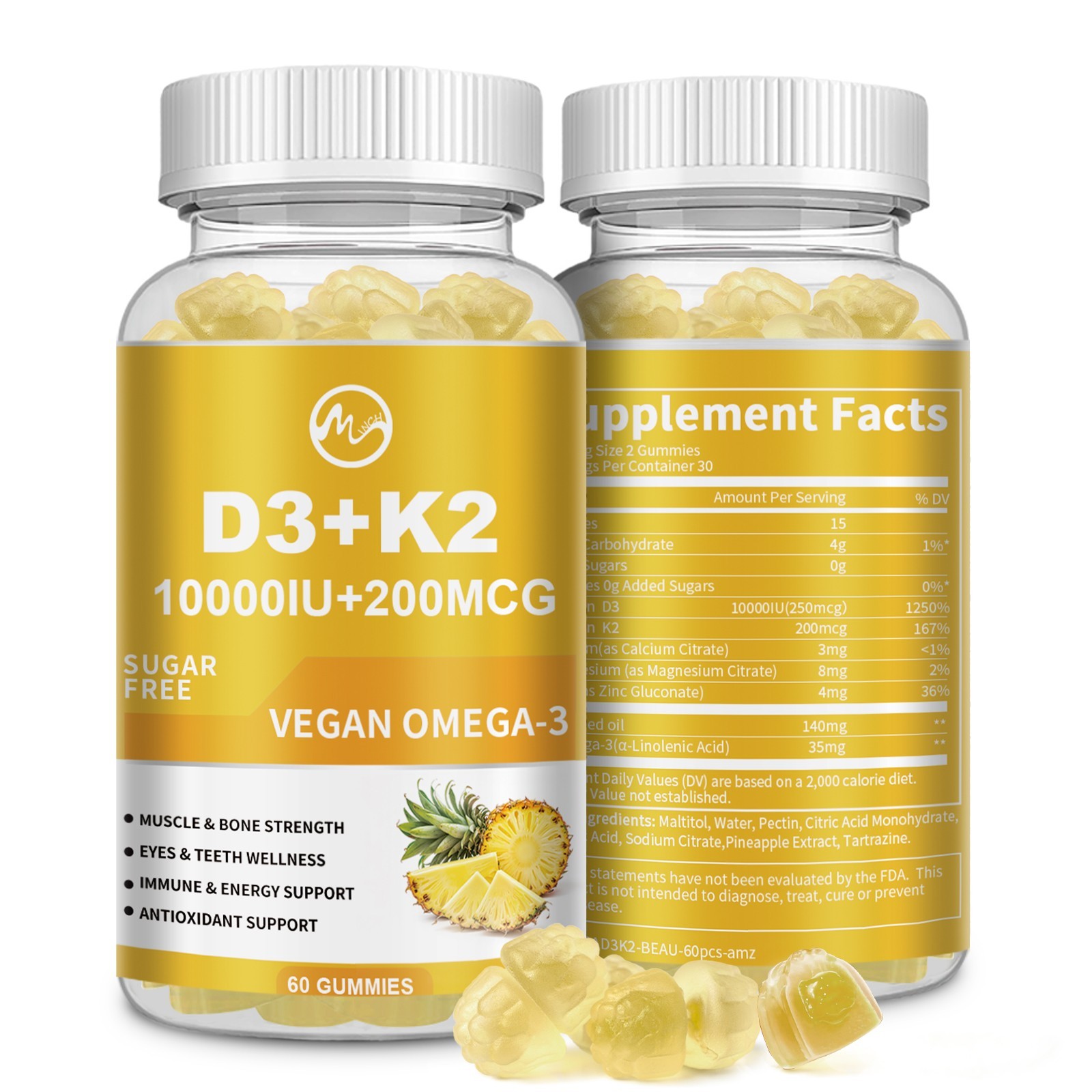 2xVitamin D3 K2 60Gummies, Vitamin D3 10000 IU Bone,Teeth,Muscle,Immune Health