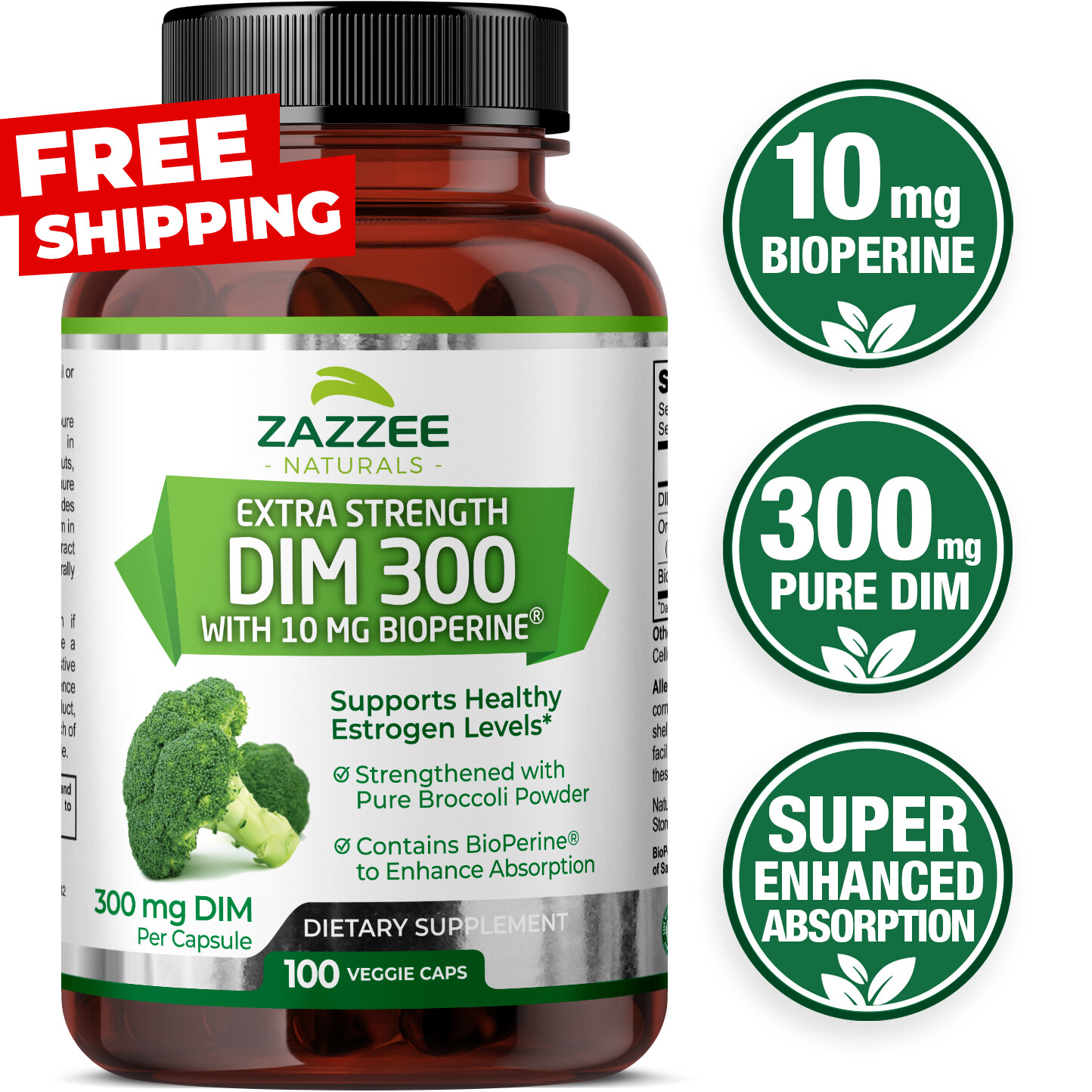 DIM Supplement (Diindolylmethane) 300 mg with 10 mg BioPerine 100 Count Vegan