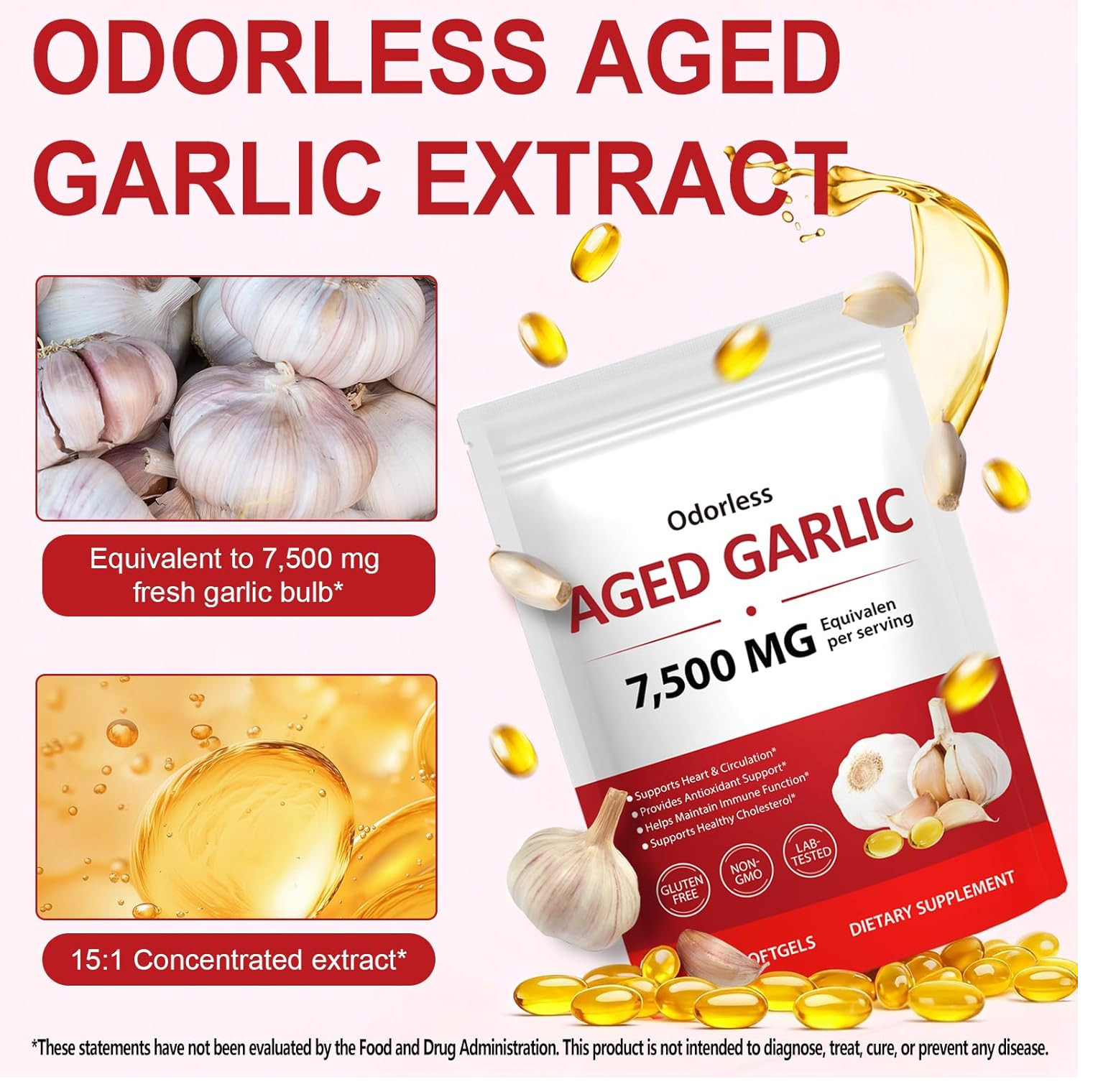 Odorless Garlic 7500mg Per Servings, 300 Softgels | 2 Years Aged Garlic Extra…