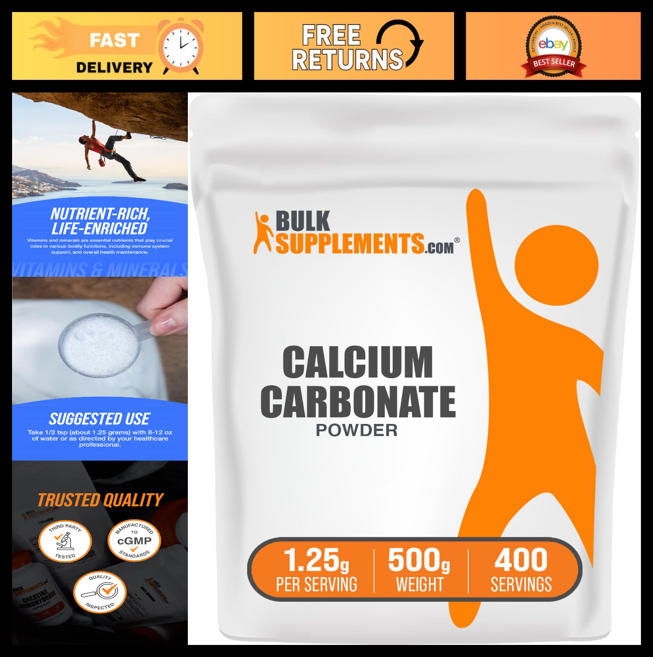 Calcium Carbonate Powder – Food Grade, High Absorption, Gluten Free, 500g (1.1 l
