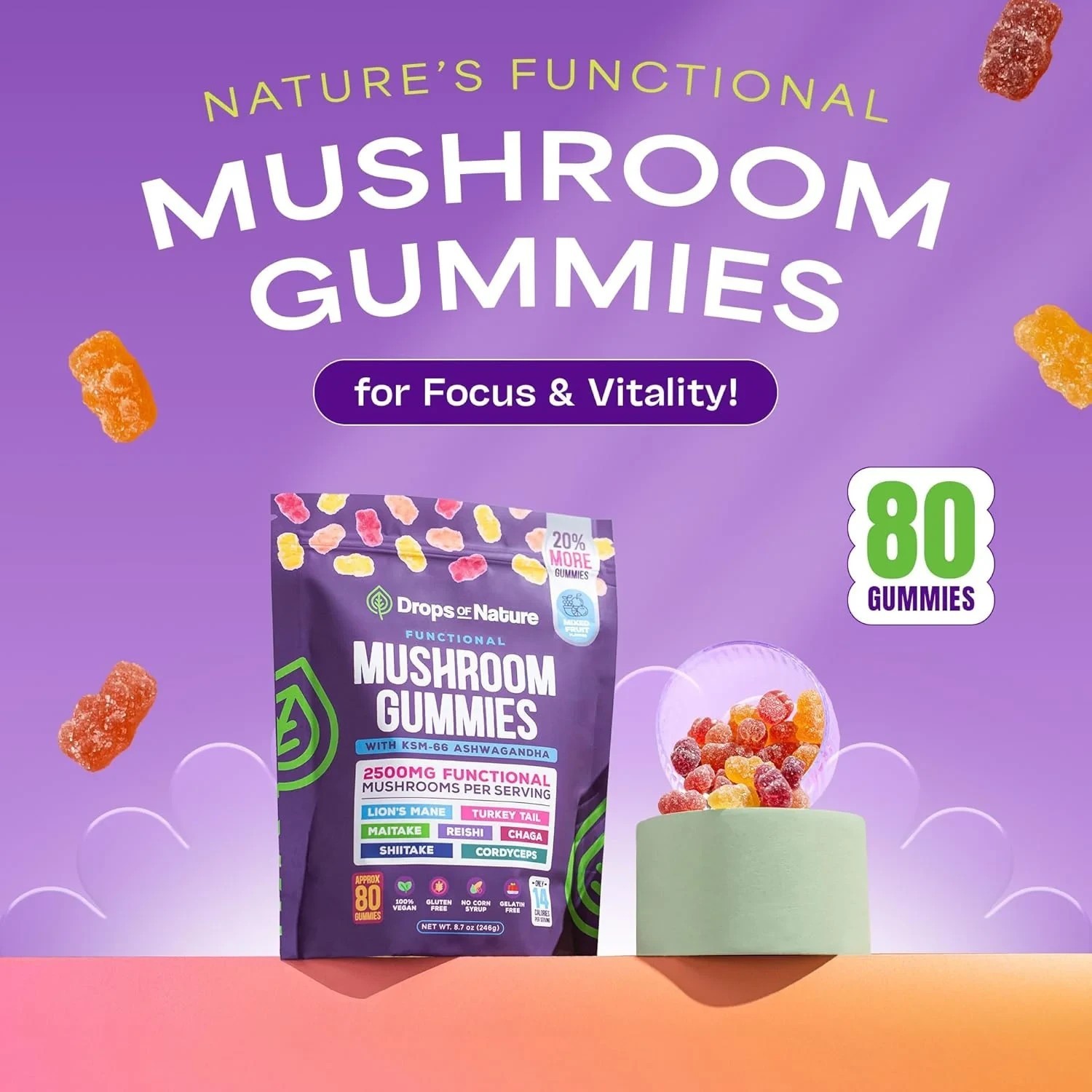 Drops of Nature Mushroom Gummies Lion’s Mane Ashwagandha 80ct Vegan EXP 02/27